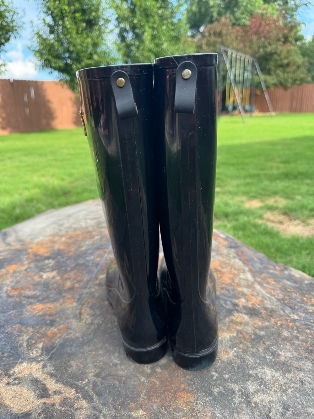 Nicole Miller New York Tall Rain Boots Black Glossy Rubber Lug Sole Sz 9M - Picture 7 of 13